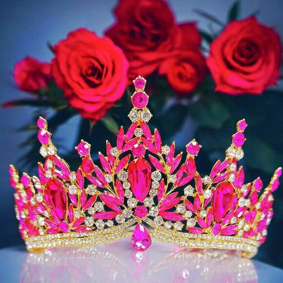 Fuchsia Gemstone Crown, Birthday Tiara, Wedding Headband, Prom Crown, Gold Tiara main image 7